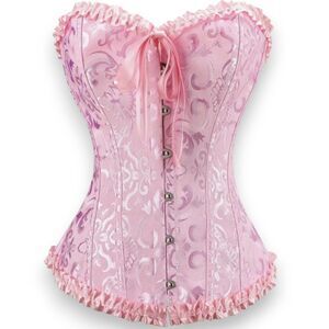Demays Jacquard Overbust Boned Corset-Small-Lt Pink-Lace up Back-Busk Front-NEW